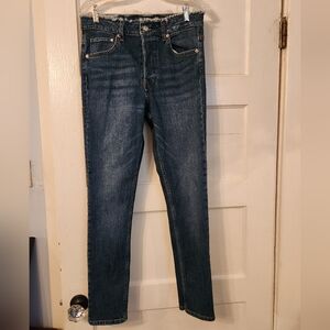 H&M Blue Skinny Jeans Size 31 / 12. Denim, Button Up, Whiskering, Raw Waist EUC